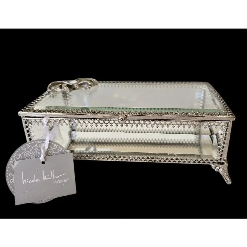 Nicole Miller Ornate Glass Jewelry Box with Crystal Jeweled Embellishment, NWT